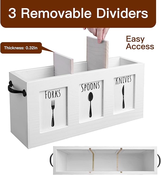 MINCORD Wood Flatware Organizer, Rustic Utensil & Silverware Holder for Forks, Spoons, Knives, Farmhouse Kitchen Cutlery Caddy Bin Countertop - White