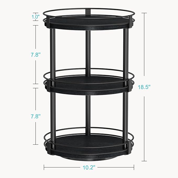 Snughome Lazy Susan Organizer, 3 Tier Rotating Spice Rack for Countertop, Turntable Lazy Susan Kitchen Countertop Organizer, 10.2" x 10.2" x 18.5", Black