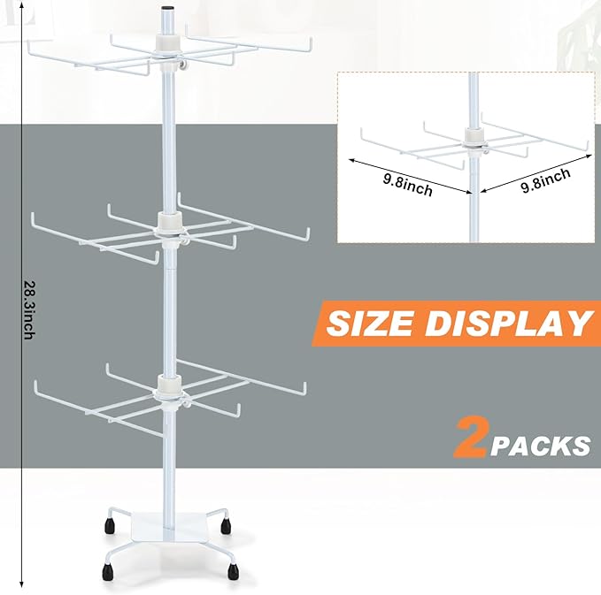 RattanView 2 Pcs Jewelry Rotating Display Stand Adjustable Metal Earrings Bracelet Display Rack Hanging Jewelry Spinning Organizer Tree with Hooks for Vendor Events Selling(3 Tier,White)