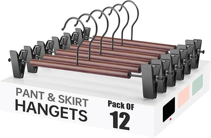 Wooden Pants Hangers with Clips, Heavy Duty Adjustable Clip Non Slip Skirt Hanger for Jeans, Trousers, Short, Clothes, Space Saving Closet Organizer