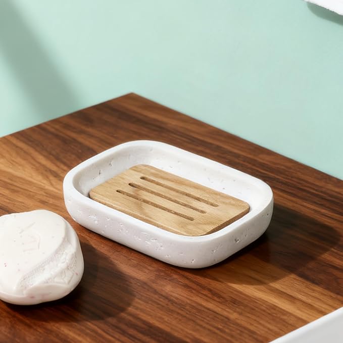 Soap Dish, Resin Wooden Double-Layer Drainage Bathroom Soap Dish, Suitable for Showers, Bathroom Sinks, and Kitchen Countertops (White)