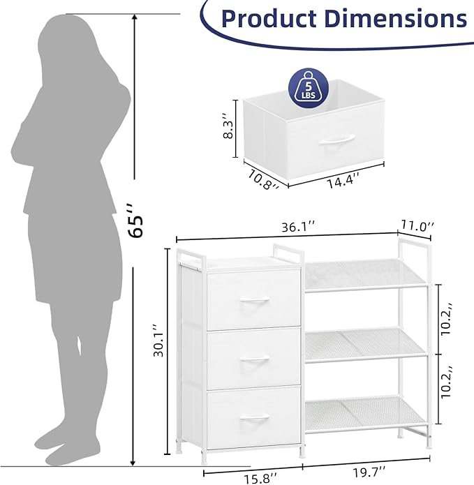 Somdot Shoe Rack, 3 Tier Shoe Organizer with 3 Drawers, Metal Shoe Storage Shelf for 6-9 Pairs of Shoes with Fabric Shelves and Wooden Top, Narrow Shoe Rack for Entryway, White Leather