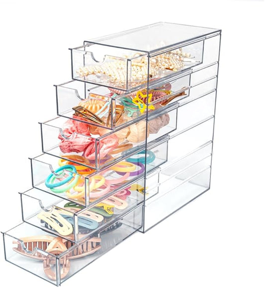 Clear Hair Accessories Organizer Box with 6 Layers, Acrylic Stackable Storage Drawers for Hair Ties, Claw Clips, Bow Holder for Girls, Vanity Makeup Organizer, Bathroom or Desk Countertop Container