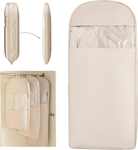 Space Saving Hanging Compression Garment Bag with Zipper for Closet Storage, Hanging Clothes Storage Bag, Garment Covers for Coats and Down Jackets, Beige, XL