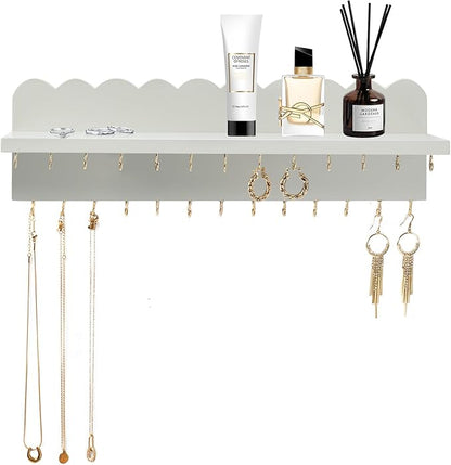 Wall Mount Jewelry Organizer with 26 Hooks and Cosmetics Shelf, Modern Wood Hanging Jewelry Holder for Necklaces, Bracelets, Earrings and Rings, Grey