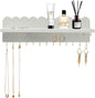 Wall Mount Jewelry Organizer with 26 Hooks and Cosmetics Shelf, Modern Wood Hanging Jewelry Holder for Necklaces, Bracelets, Earrings and Rings, Grey