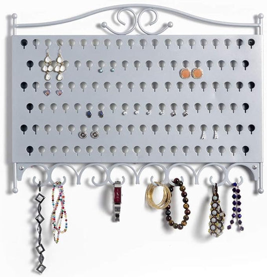 Mango Steam Wall Mounted Closet/Wardrobe Display Hanger Organizer for Jewelry & Earrings With Hooks for Necklaces, Bracelets, Accessories - Silver