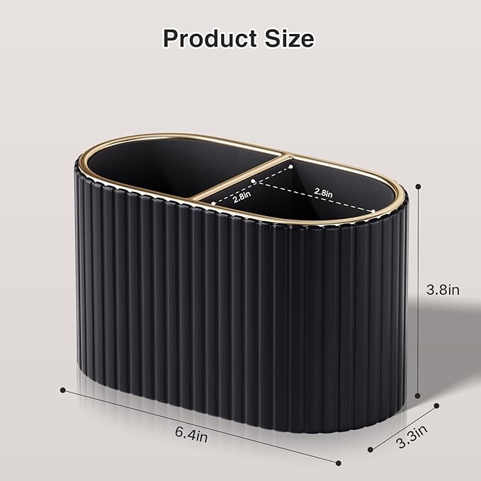 KINGFOM Makeup Brush Holder Organizer with Divider, PU Leather Vanity Brush Holder for Bathroom Countertop & Dressing Table, Cosmetic Desktop Storage Caddy for Makeup Tools Oval (Black)