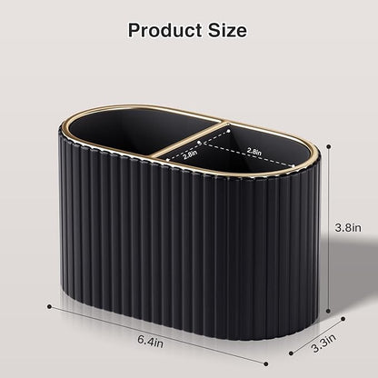 KINGFOM Makeup Brush Holder Organizer with Divider, PU Leather Vanity Brush Holder for Bathroom Countertop & Dressing Table, Cosmetic Desktop Storage Caddy for Makeup Tools Oval (Black)