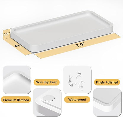 Weenson Small Bathroom Vanity Tray for Countertop Makeup Perfume Jewelry Decor Candle Keys, Bamboo Kitchen Tray for Soap Dispenser Spice, Small White Toilet Tray for Sink7.9 L x 4" W x 0.79" H