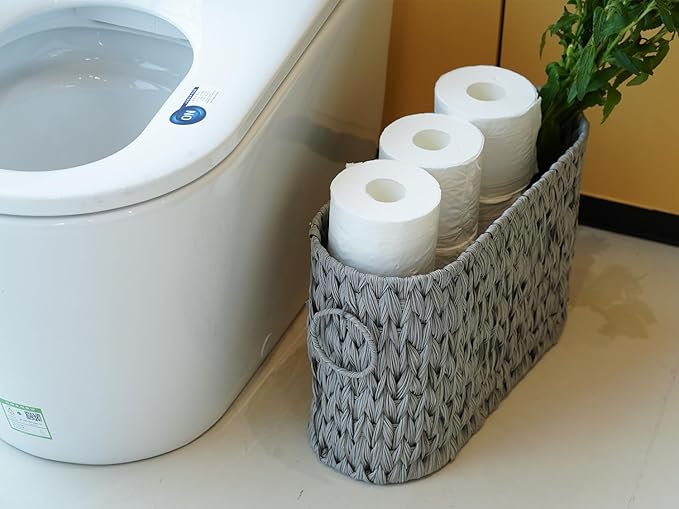 Coeusy Toilet Paper Storage,Narrow Toilet Paper Basket for Bathroom,Large Toilet Paper Organizer for 6 Mega Rolls,Waterproof Wicker Bathroom Storage Basket,Free Standing,Grey
