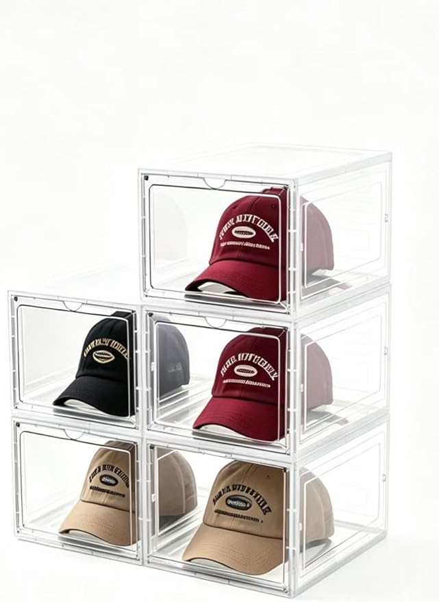Hat Organizer Box,Stackable Baseball Caps Holder Box Containers with Magnetic Door for Hats Snapback Cap Storag,Clear Hat Storage with Magnetic Door, Holds 8 Hats Each (clear, 5 pack)