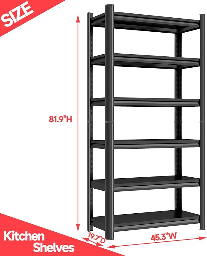 6-Tier Kitchen Shelves with Storage, Metal Microwave Stand Shelf, Coffee Bar for Small Spaces, Free Standing Kitchen Storage Shelf, Racks for Storage, Loads 2400LBS, Black