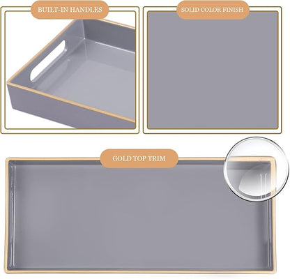 MAONAME Gray Bathroom Tray, Plastic Vanity Tray, Long Narrow Countertop Trays with Handles, Perfume Organizer Trays for Dresser, Bathroom Accessories, 13.8" x 6" x 1.57"