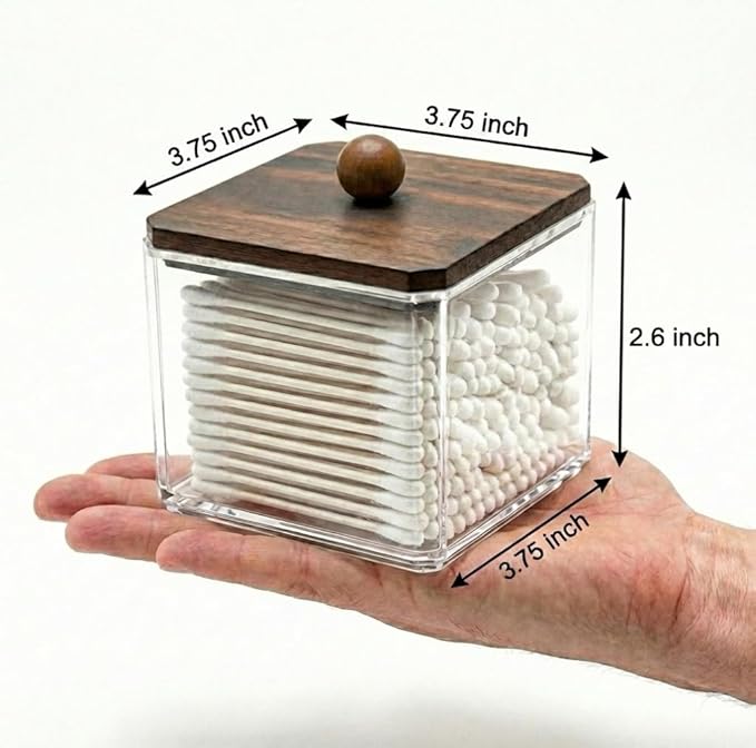 SheeChung Qtip Holder for Bathroom - Walnut Wood Lid Acrylic Cotton Swab Dispenser, Clear Apothecary Jar for Cotton Balls, Pads, Flossers, Farmhouse Vanity Storage Organizer (2 pack)