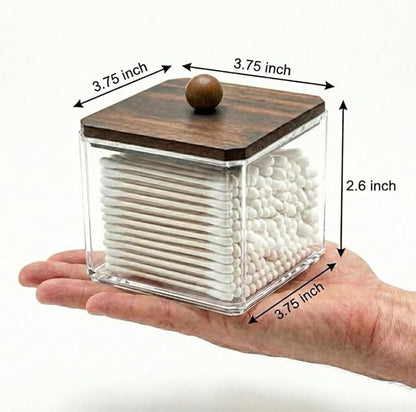 SheeChung Qtip Holder for Bathroom - Walnut Wood Lid Acrylic Cotton Swab Dispenser, Clear Apothecary Jar for Cotton Balls, Pads, Flossers, Farmhouse Vanity Storage Organizer (2 pack)