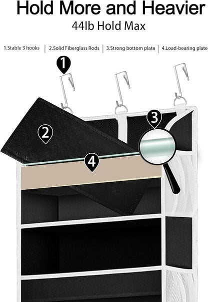 TAHAVICE 1 Pack Over The Door Storage Organizer with 5 Pockets 10 Mesh Side Pockets, 44 lbs Weight Capacity Door Hanging Organizers and Storage for Bedroom,Bathroom,Nursery,Pantry,Dorm(Black)