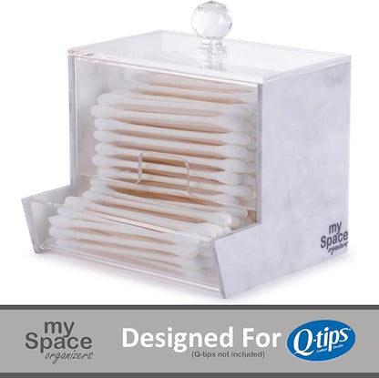 My Space Organizers Marble Acrylic Qtip Holder for Qtip Brand Cotton Swab Holder, Qtip Dispenser, Modern Bathroom Decor Organizer for Countertop Vanity Storage (White Marble)