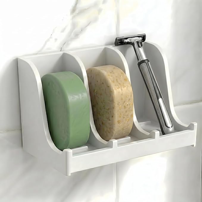 Soap Holder for Shower Wall, 3-Compartment Soap Dish for Shampoo, Conditioner and Body Soap, Fast Draining & Rust-Proof & Heavy Duty, Ultra-Strong Self Adhesive & Freestanding (White, No Label)