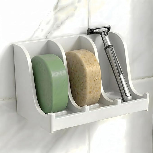 Soap Holder for Shower Wall, 3-Compartment Soap Dish for Shampoo, Conditioner and Body Soap, Fast Draining & Rust-Proof & Heavy Duty, Ultra-Strong Self Adhesive & Freestanding (White, No Label)