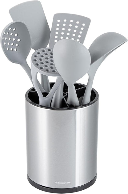 Restaurantware Stainless Steel Utensil Holder 1 Count 6.2 x 6.2 x 7.9 Inches Durable Cutlery Storage Flatware Organizer Rust-Resistant Sink Caddy Silver Kitchenware Holder