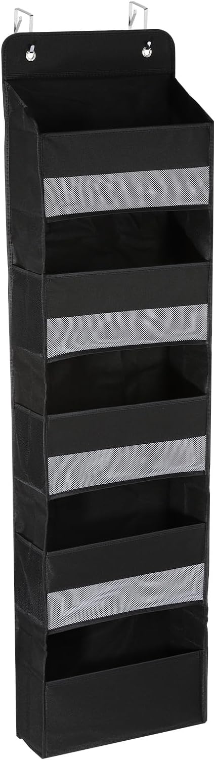 PATIKIL Over The Door Shoe Organizer Hanging Rack Storage with 5 Large Pockets & 6 Side Pockets Wall Mount 35 lbs Weight Capacity for Door Wall Closet Shoes, 5 Layer, Black