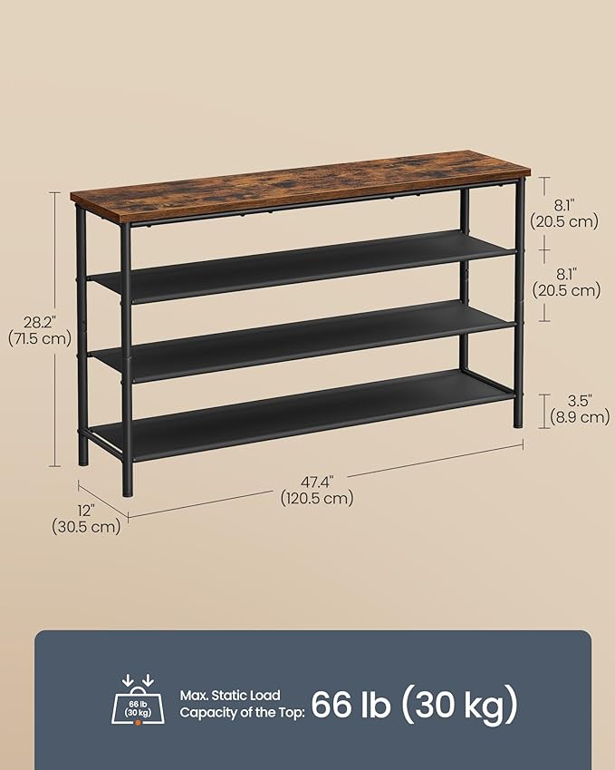SONGMICS HOME 4-Tier Shoe Rack, Free Standing Shoe Storage Organizer, 12 x 47.4 x 28.2 Inches, Metal Frame with Top Surface for Closet Entryway, Rustic Brown and Black