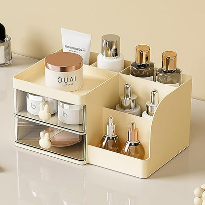 Makeup Storage Organizer with 2 Drawers, Desk Vanity Countertop Skin Care Cosmetic Display Case Make up Stands for Hair Accessories Lipstick Lotions Beauty Skincare Organizing (Cream)