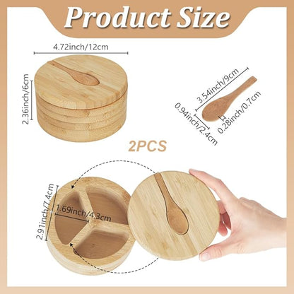 2pcs Wood Salt and Pepper Box 3 Compartment Salt Cellar with Swivel Lid and Built in Spoon for Countertop Spice Seasoning Condiment Jar Pepper Holder Bowl for Kitchen Storing Sugar Herbs