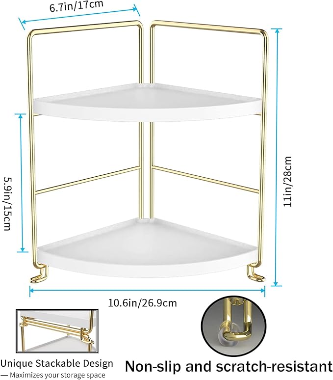 2-Tier Makeup Perfume Counter Organizer, Bathroom Corner Countertop Shelf Vanity Bedroom Storage Tray,Kitchen Spice Rack Standing Shelf(Gold,White)