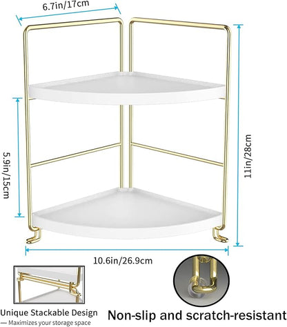 2-Tier Makeup Perfume Counter Organizer, Bathroom Corner Countertop Shelf Vanity Bedroom Storage Tray,Kitchen Spice Rack Standing Shelf(Gold,White)