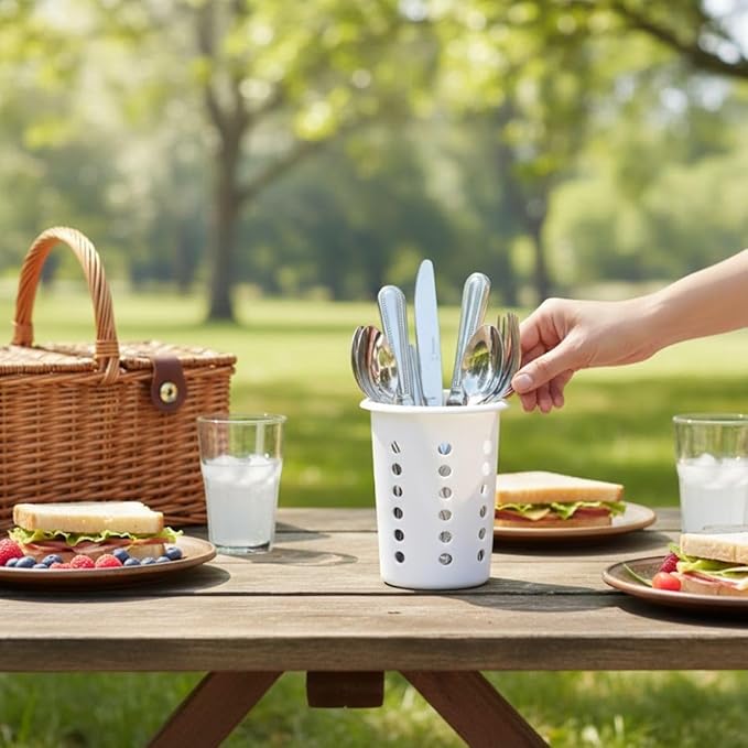 Soro Essentials- Flatware Cylinders White Color Plastic Set of 4 - Utensil Holders Silverware Utensil Drying Cylinders Home Kitchen Daily Use Utensil Drainer Silverware Organizer Caddy Restaurant