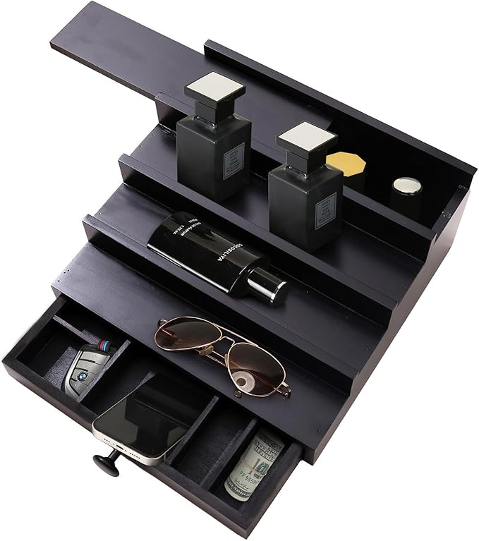 Black Cologne Organizer for Men - 4 Tier Wooden Perfume Display Stand with Drawer and Hidden Compartment for Organizing and Storing, Cologne Holder Shelf for Dresser