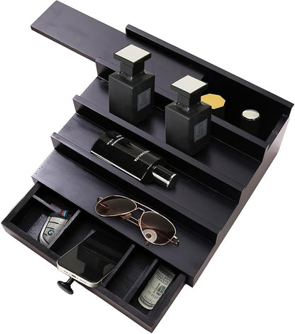 Black Cologne Organizer for Men - 4 Tier Wooden Perfume Display Stand with Drawer and Hidden Compartment for Organizing and Storing, Cologne Holder Shelf for Dresser
