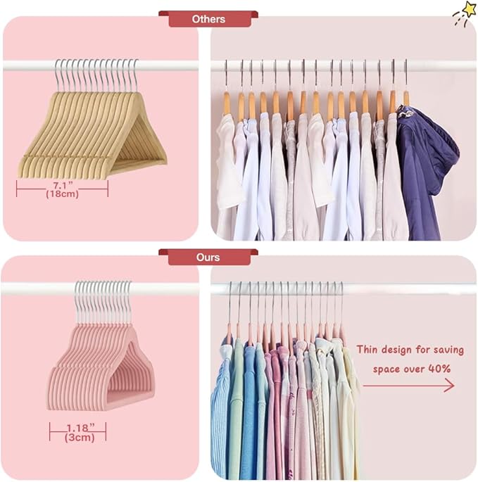 Stormix Baby Clothes Hangers 30 Pack, Kids Velvet Hangers Non-Slip, Clothes Hangers with Shoulder Notches for Toddler Children Pink