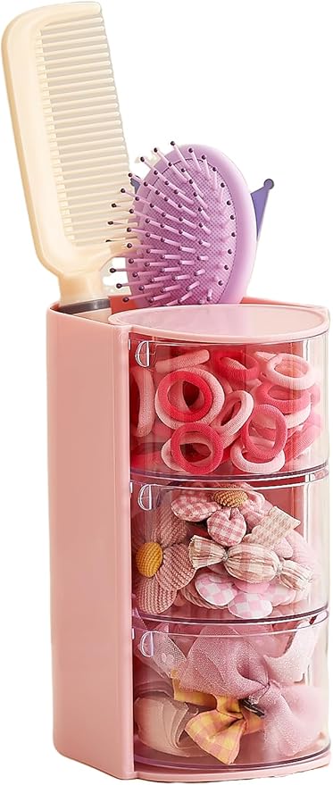 UFORU Hair Accessories Organizer with Hair Brush Holder, 3 Drawer Rotatable Hair Tie Organizer for Makeup Brushes, Hair Clips, Earrings, Necklaces, Bracelets and Hair Accessories, Pink, 3-Layer