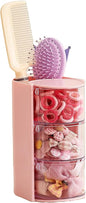 UFORU Hair Accessories Organizer with Hair Brush Holder, 3 Drawer Rotatable Hair Tie Organizer for Makeup Brushes, Hair Clips, Earrings, Necklaces, Bracelets and Hair Accessories, Pink, 3-Layer