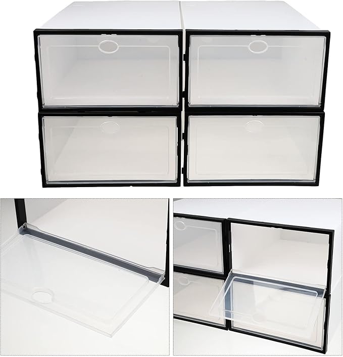 Men's Shoe Storage Boxes 4 Pack Plastic Storage Bins Black Frame for Home Sturdy and Space-saving