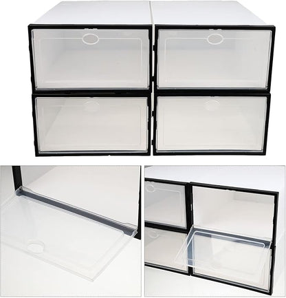 Men's Shoe Storage Boxes 4 Pack Plastic Storage Bins Black Frame for Home Sturdy and Space-saving