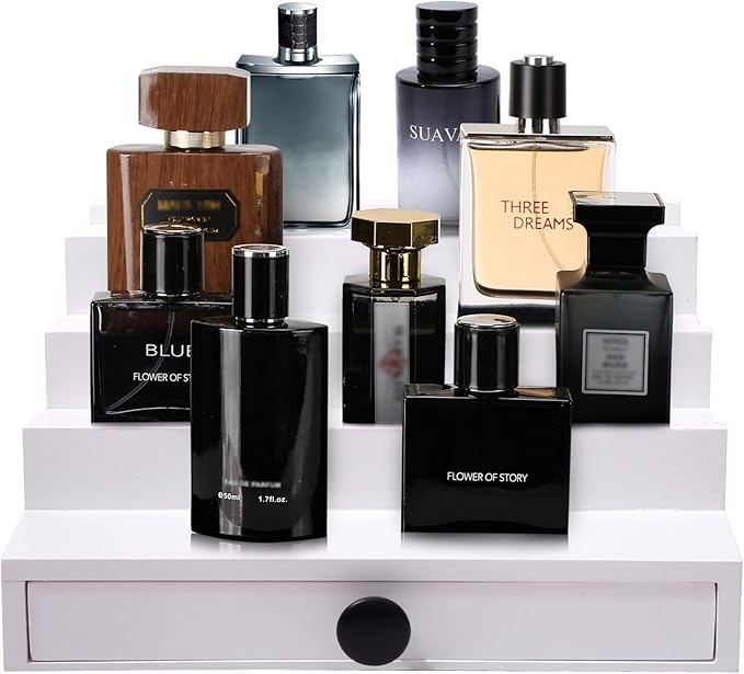 White Cologne Organizer for Men - 4 Tier Wooden Cologne Display Stand with Drawer and Hidden Compartment for Organizing and Storing, Mens Cologne Holder Shelf for Dresser