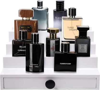 White Cologne Organizer for Men - 4 Tier Wooden Cologne Display Stand with Drawer and Hidden Compartment for Organizing and Storing, Mens Cologne Holder Shelf for Dresser