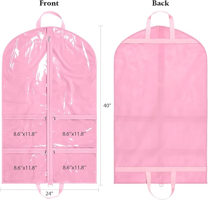 KEEGH Clear Garment Bags for Dance Costumes 40 inch Dance Garment Bags for Dancers Hanging Clothes for Closet Storage, with 4 Zipper Pockets for Dance Competitions, Ballet, Theatre, 6 Pack, Pink