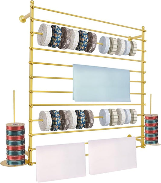 DYRABREST Wall Mounted Ribbon Organizer Rack, Metal Wrapping Paper Organizer Storage, Removable 12-Tier Hijab Organizer, 80lbs Load Capacity for Home, Craft Room, Flower Shop (Gold, 47.2 x 47.2 in)