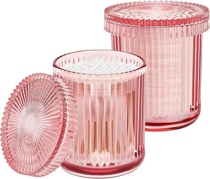 2 Pack Glass Qtip Holder Dispenser Set - Bathroom Organizer for Cotton Swabs, Balls, Pads, Floss Picks - Clear Apothecary Jars for Vanity, Makeup Storage, Bathroom Accessories Decor (Pink)