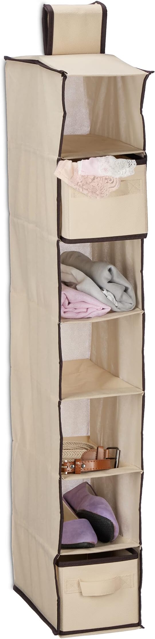 Relaxdays Wardrobe Hanging Shelf, 7 Compartments, Fabric, 106 x 16.5 x 31 cm, 2 Drawers, Clothes Organiser, Beige
