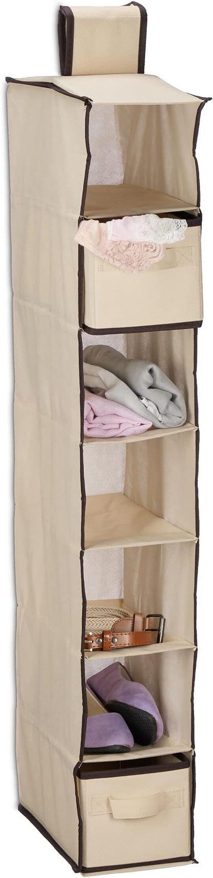 Relaxdays Wardrobe Hanging Shelf, 7 Compartments, Fabric, 106 x 16.5 x 31 cm, 2 Drawers, Clothes Organiser, Beige