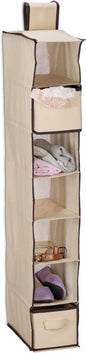 Relaxdays Wardrobe Hanging Shelf, 7 Compartments, Fabric, 106 x 16.5 x 31 cm, 2 Drawers, Clothes Organiser, Beige