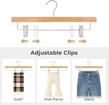 HOUSE DAY Premium Wooden Pants Hangers 25 Pack, Solid Lotus Wood Skirt Hangers with 2-Adjustable Clips, Heavy Duty & Anti Slip Wood Bottom Hanger for Slacks, Jeans, Trousers, Shorts (Natural)