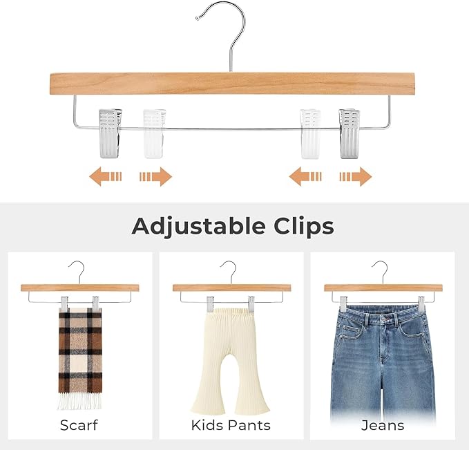 HOUSE DAY Premium Wooden Pants Hangers 15 Pack, Solid Lotus Wood Skirt Hangers with 2-Adjustable Clips, Heavy Duty & Anti Slip Wood Bottom Hanger for Slacks, Jeans, Trousers, Shorts (Natural)