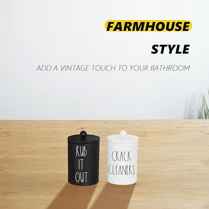 Farmhouse Apothecary Jars, Cotton Pads & Floss Holder with Lids, Funny Cotton Rounds Jars, Floss Pick Canisters for Bathroom Decor Storage Organization